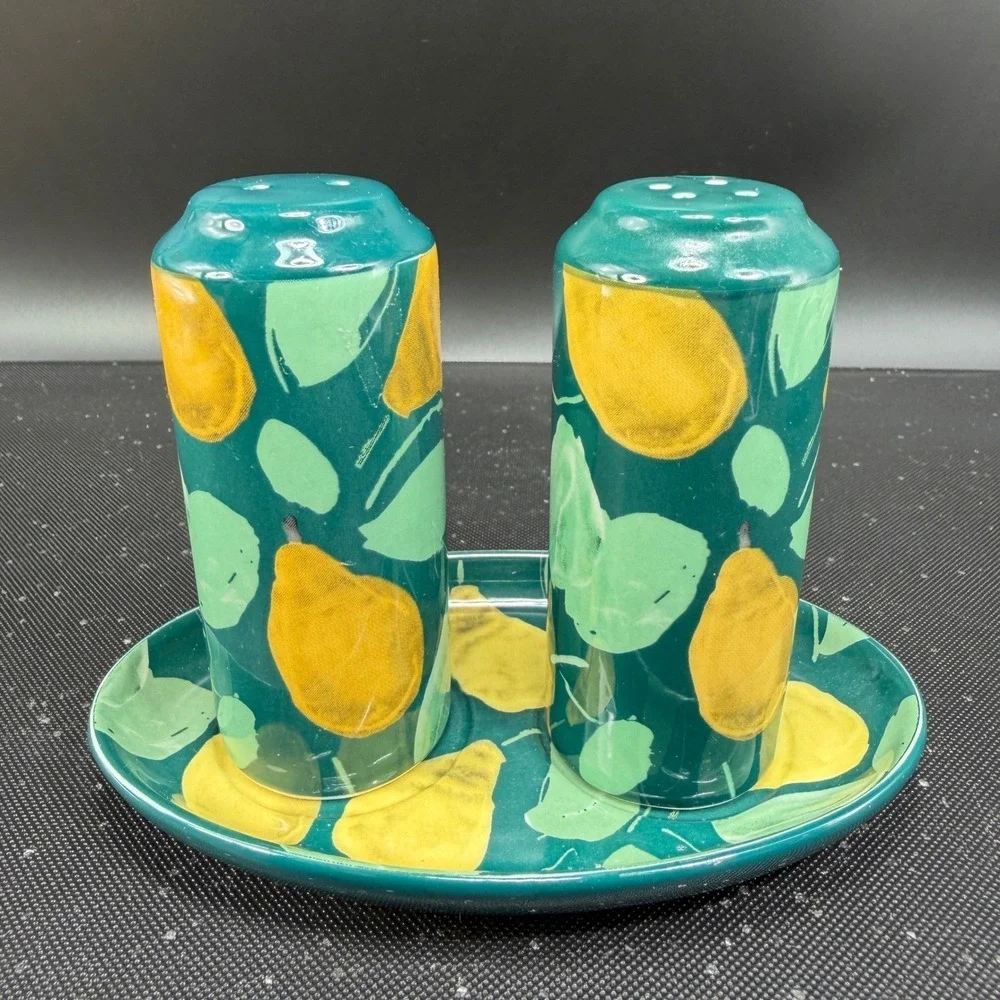 Anthropologie Pear Salt and Pepper Shakers with Tray Teal Green Yellow Ceramic